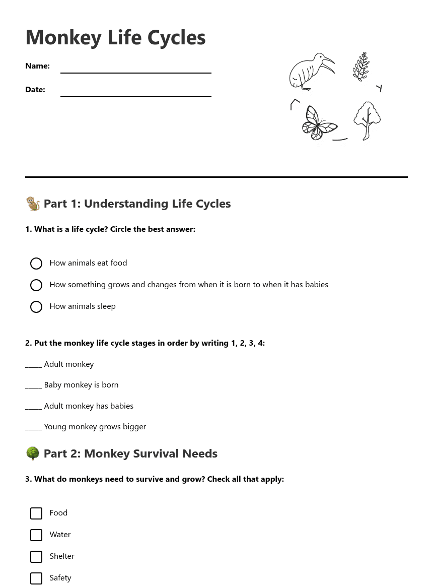 Monkey Life Cycles worksheet preview