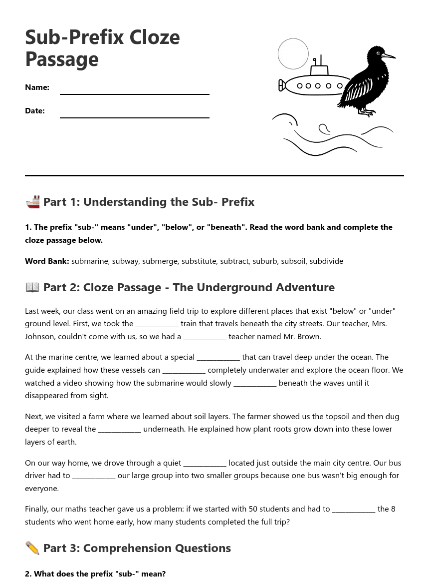 Sub-Prefix Cloze Passage worksheet preview