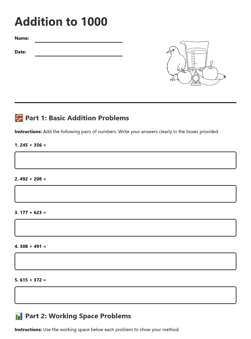 Addition to 1000 worksheet preview