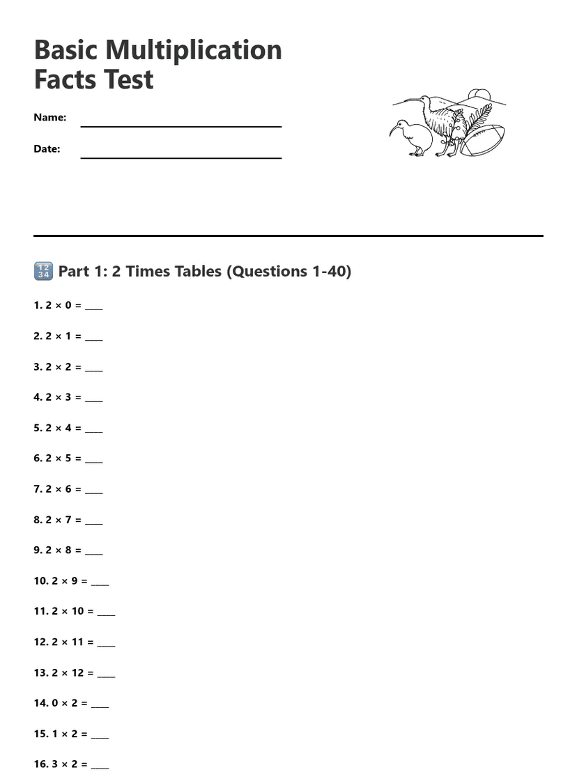 Basic Multiplication Facts Test