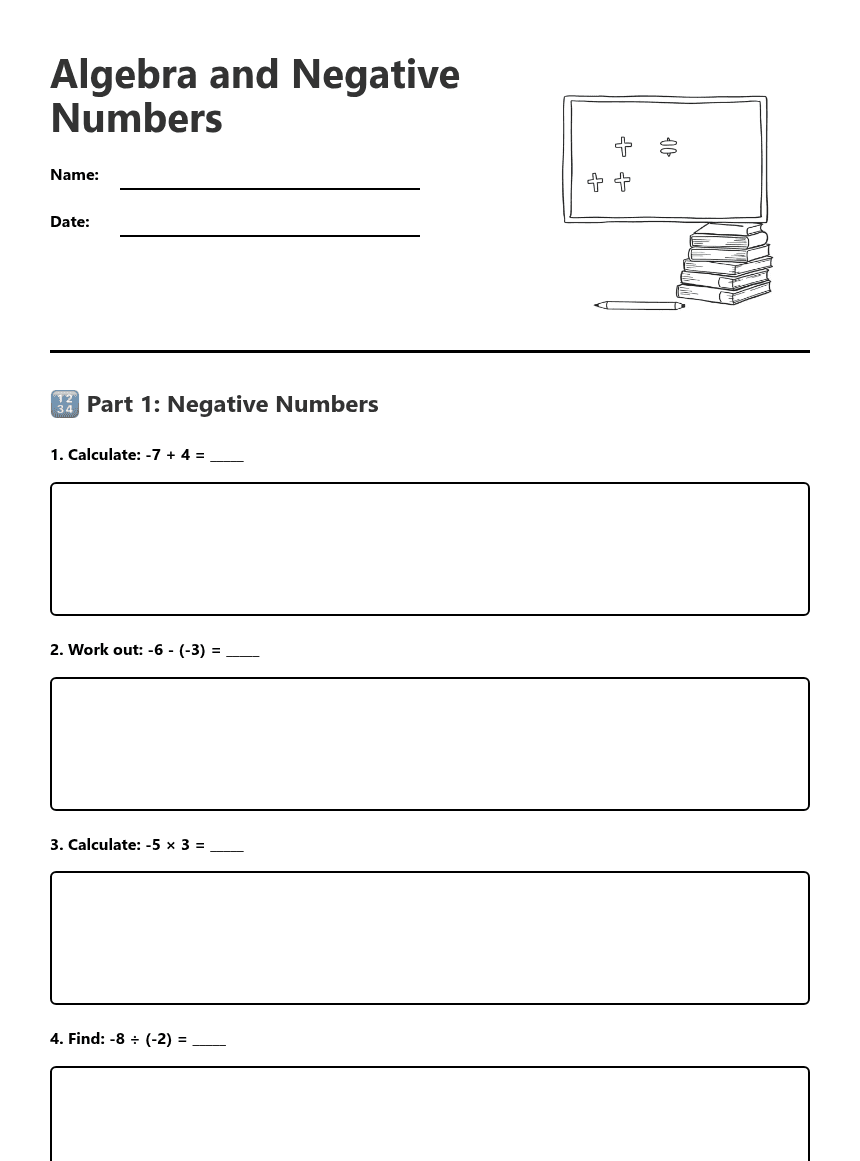 Algebra and Negative Numbers worksheet preview