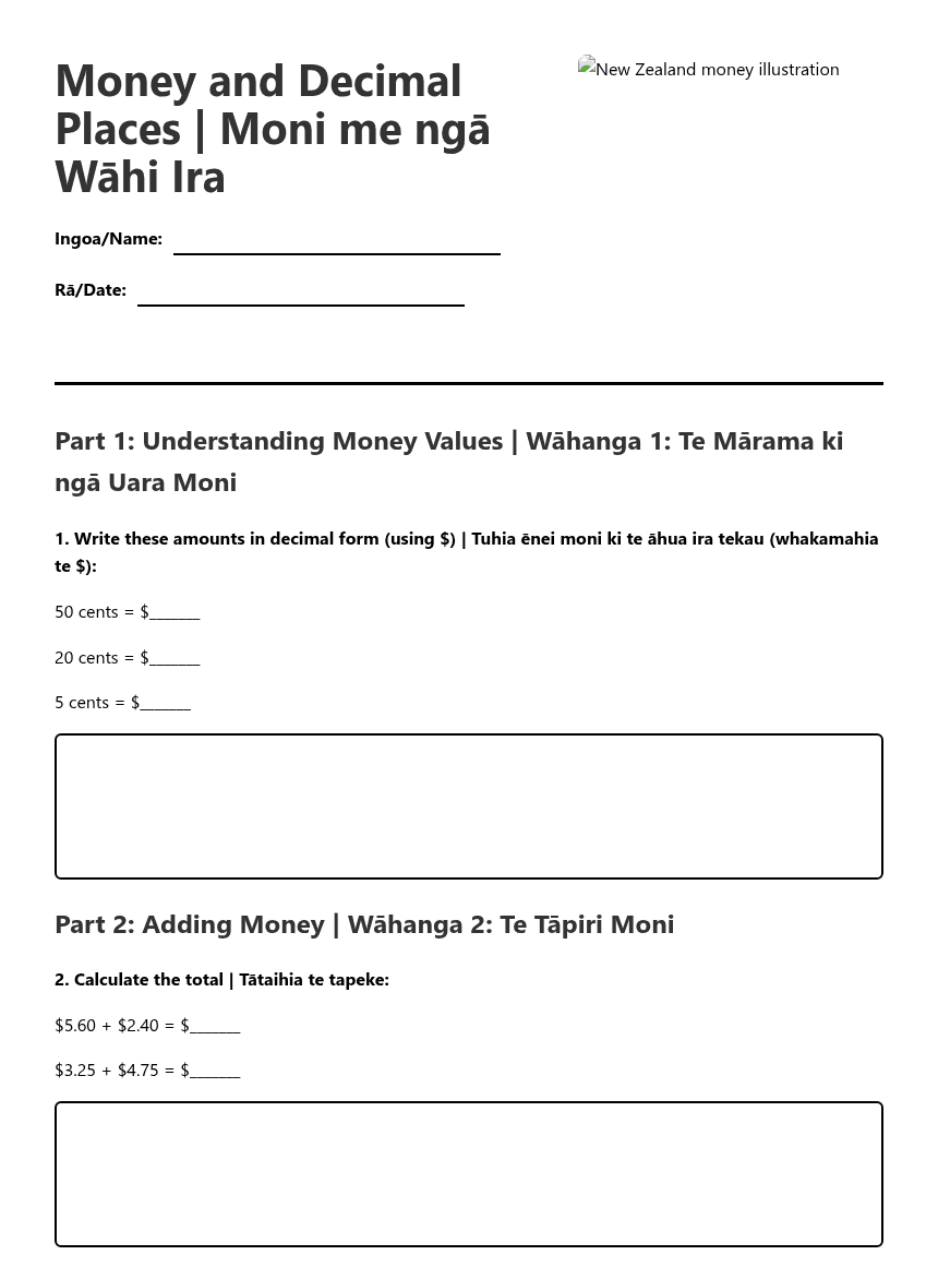 Money and Decimal Places worksheet preview