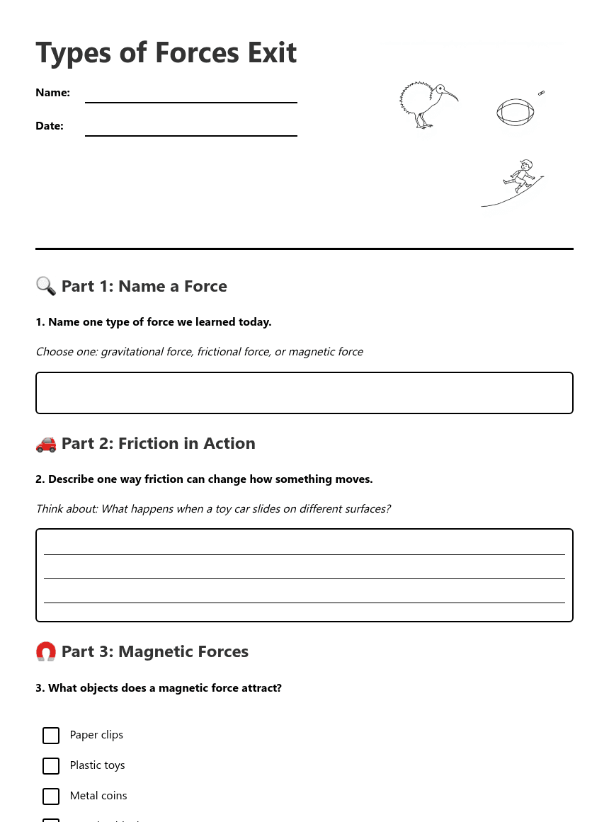 Types of Forces Exit worksheet preview