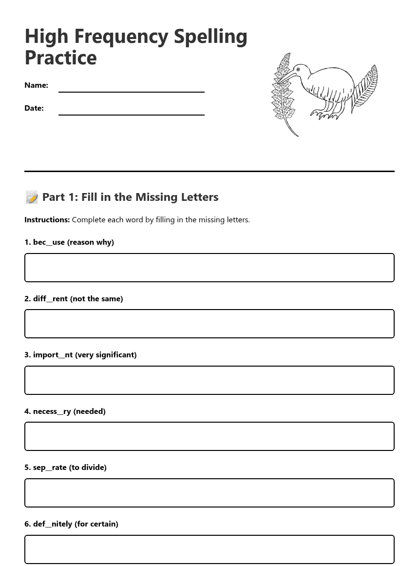 High Frequency Spelling Practice worksheet preview