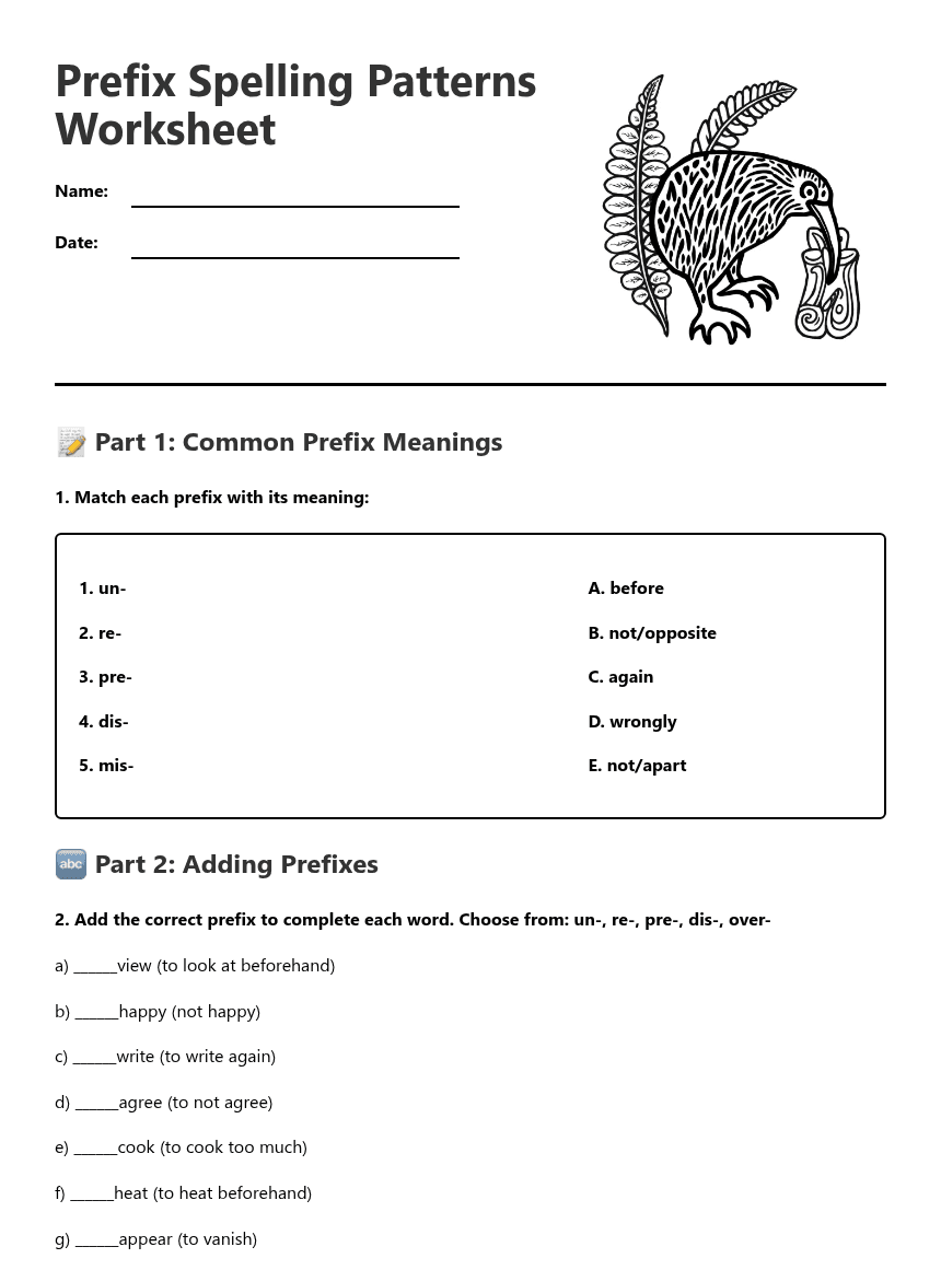 Prefix Spelling Patterns Worksheet worksheet preview
