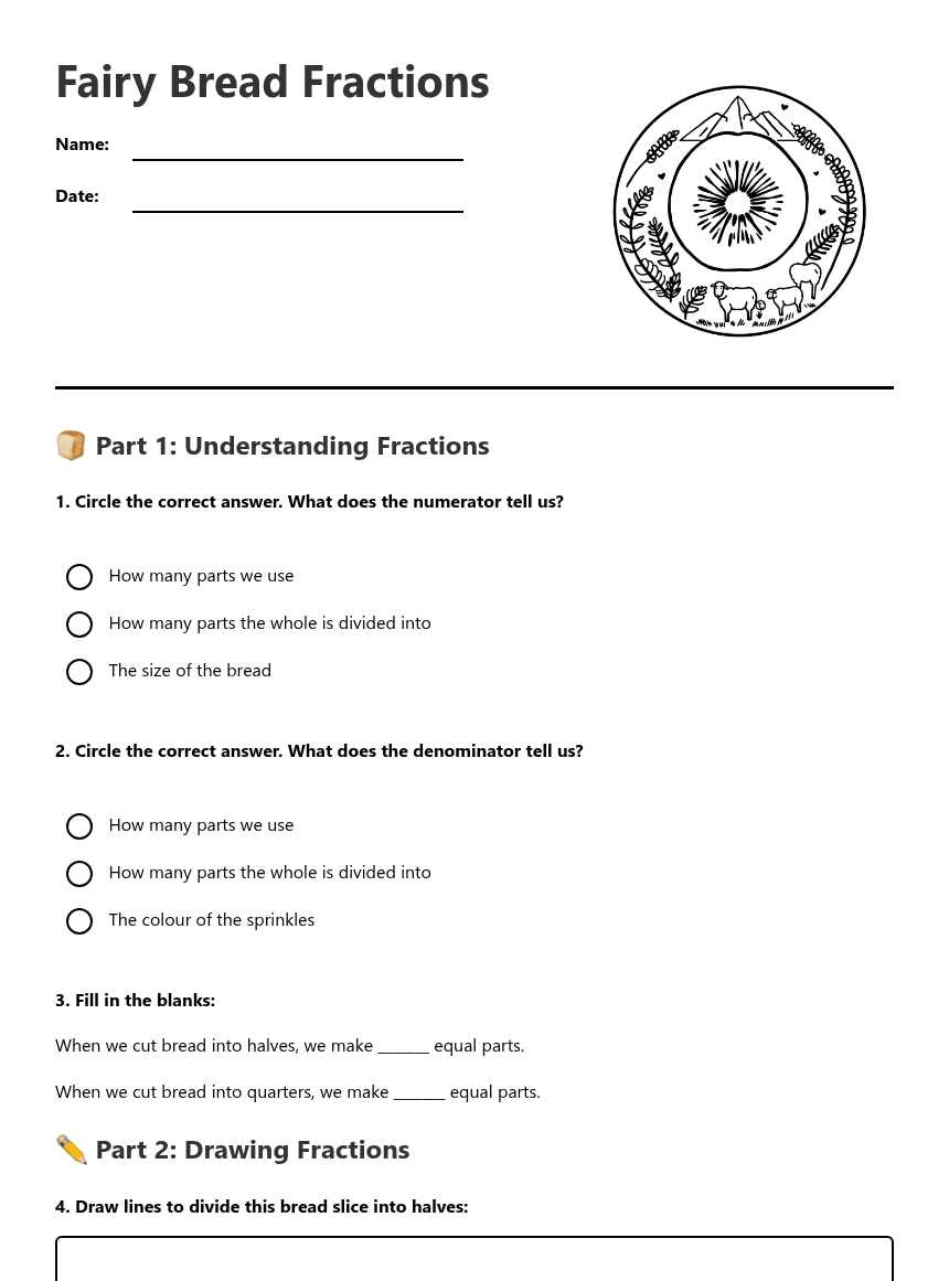 Fairy Bread Fractions worksheet preview