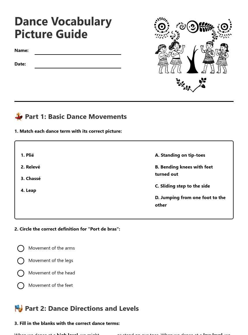 Dance Vocabulary Picture Guide worksheet preview