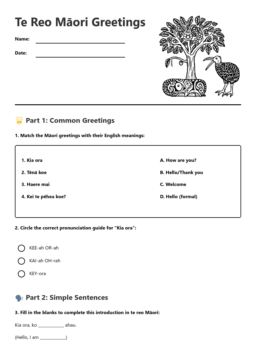 Te Reo Māori Greetings worksheet preview