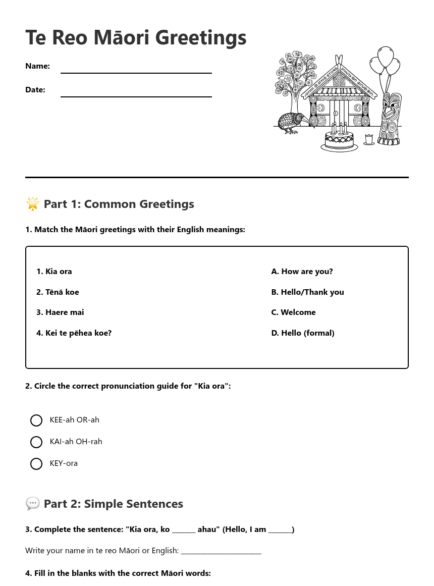 Te Reo Māori Greetings worksheet preview