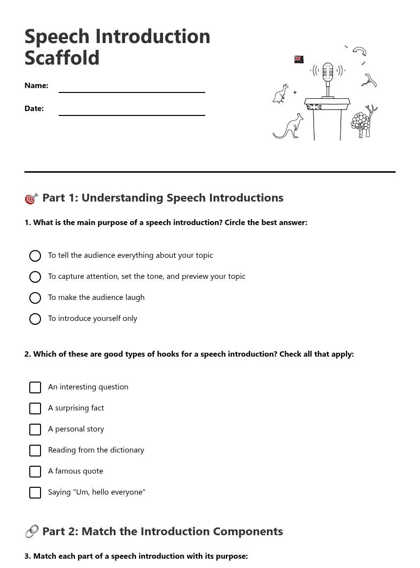 Speech Introduction Scaffold worksheet preview