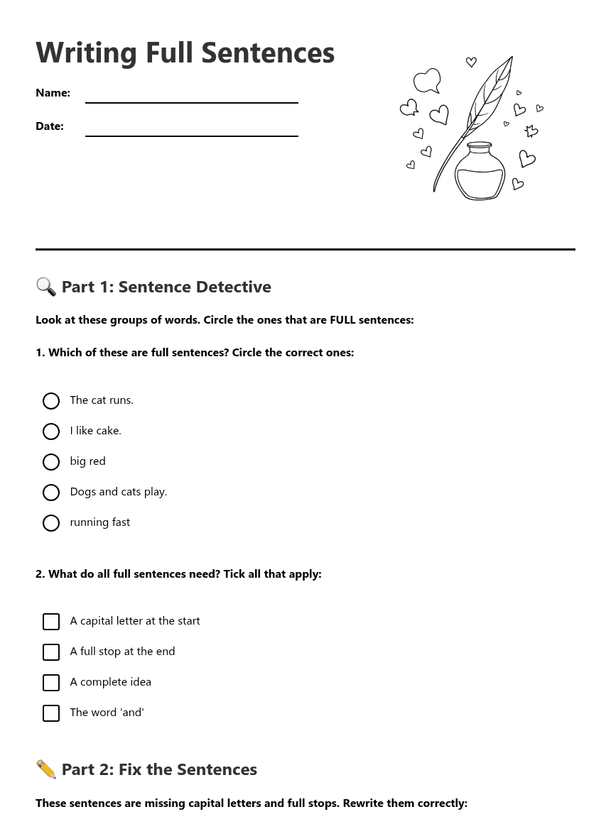 Writing Full Sentences worksheet preview