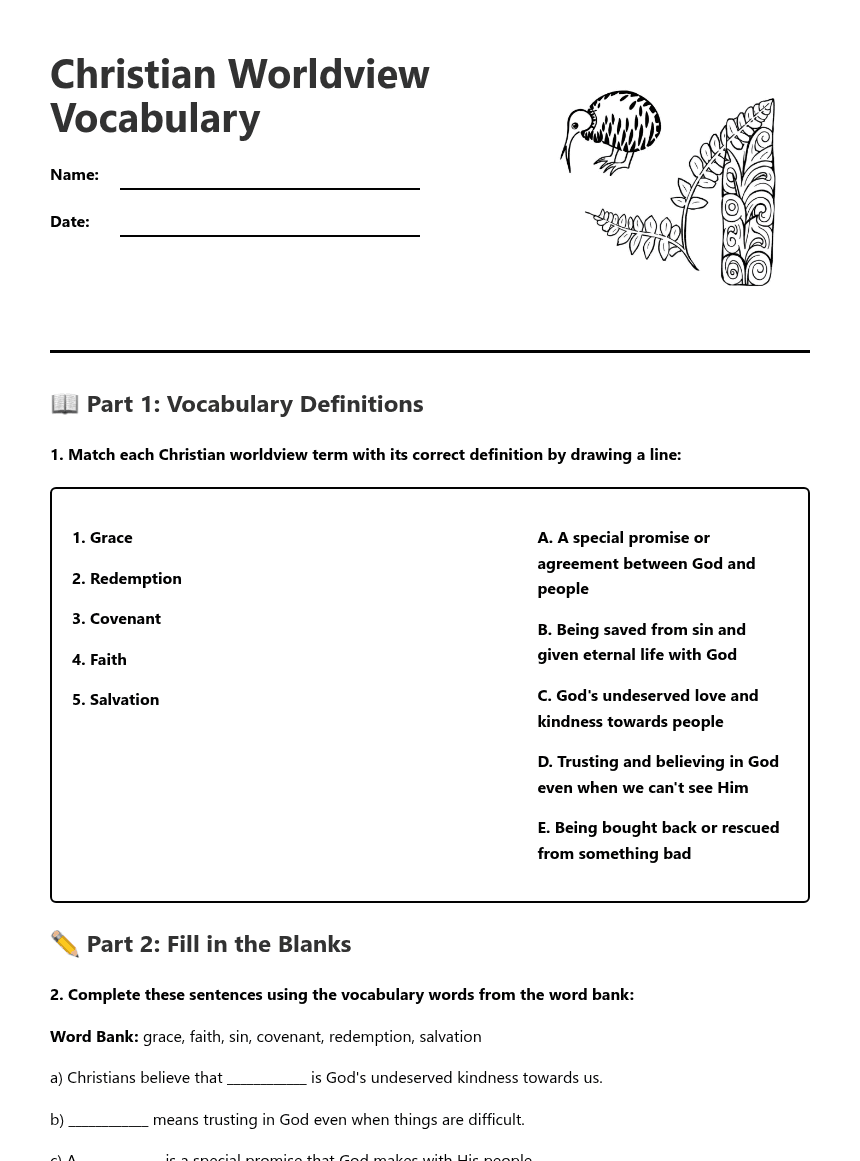 Christian Worldview Vocabulary worksheet preview