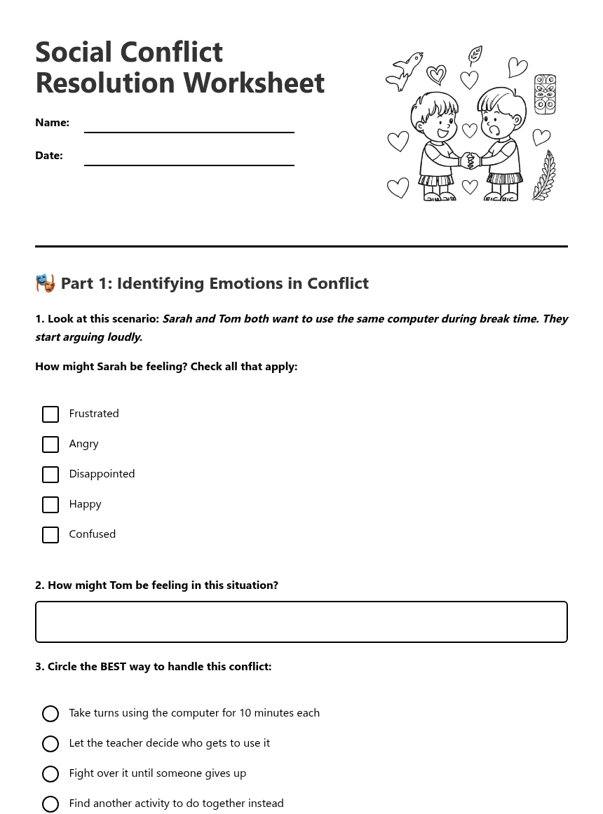 Social Conflict Resolution Worksheet worksheet preview