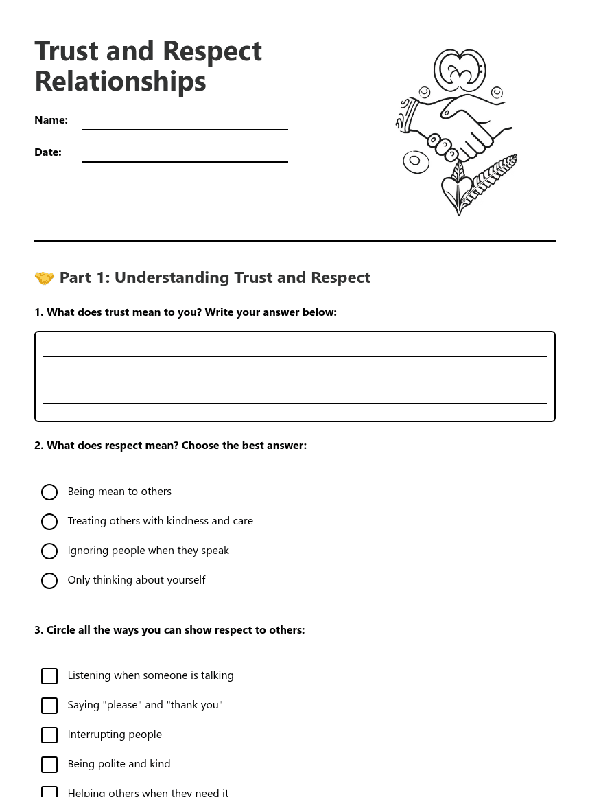 Trust and Respect Relationships worksheet preview