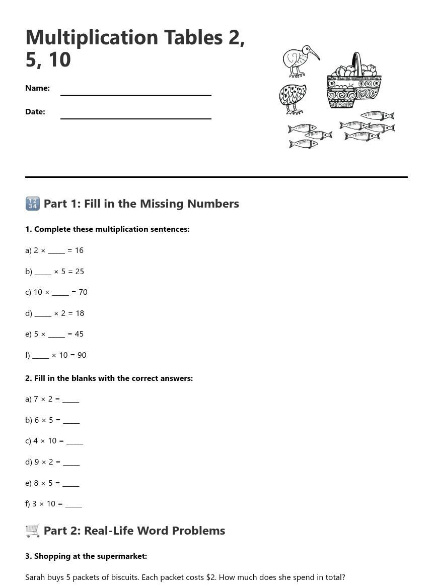 Multiplication Tables 2, 5, 10 worksheet preview
