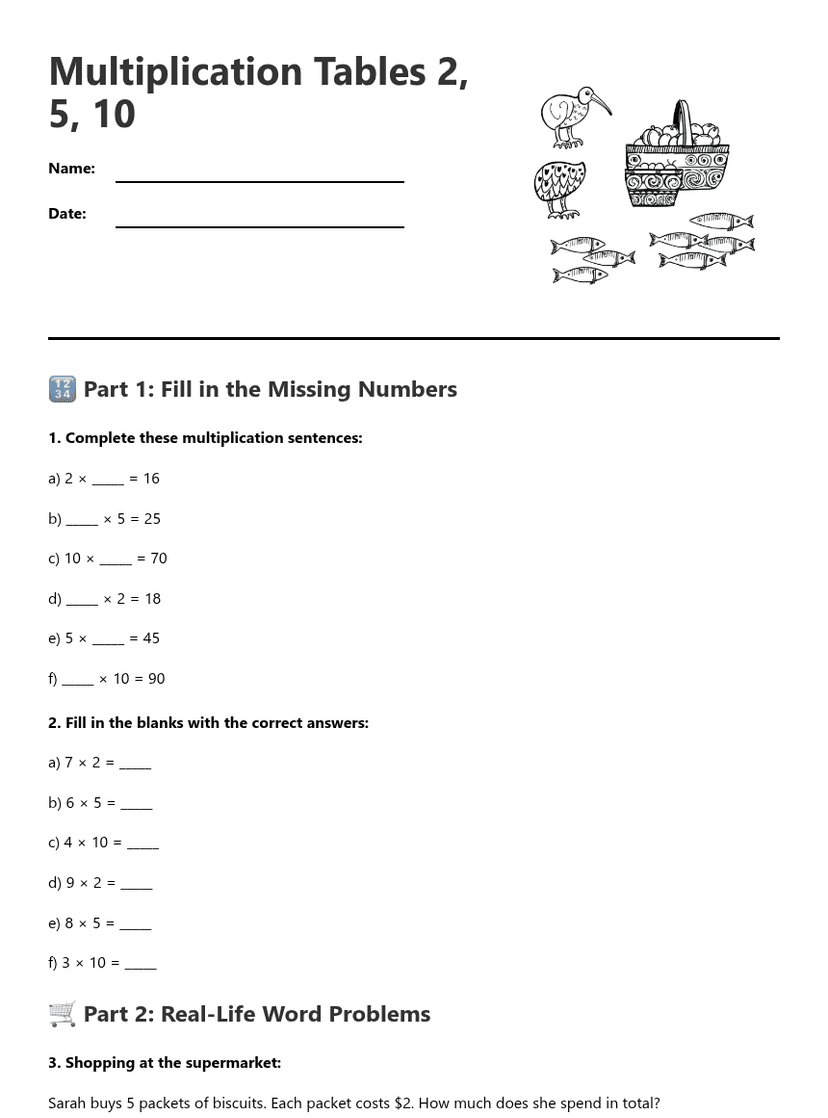Multiplication Tables 2, 5, 10