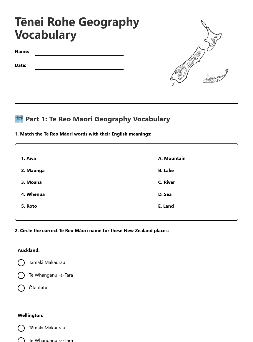 Tēnei Rohe Geography Vocabulary worksheet preview