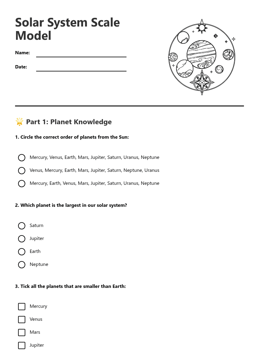 Solar System Scale Model worksheet preview