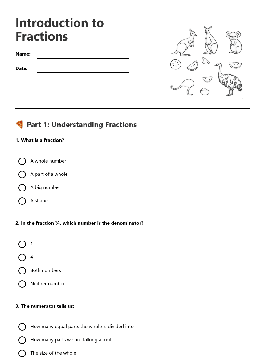 Introduction to Fractions worksheet preview