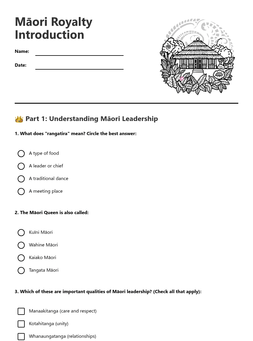 Māori Royalty Introduction worksheet preview