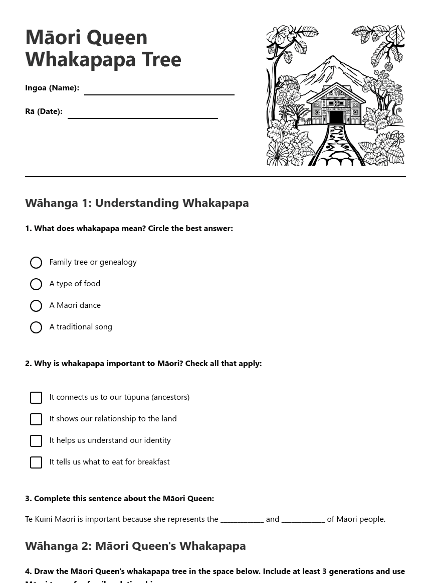Māori Queen Whakapapa Tree worksheet preview