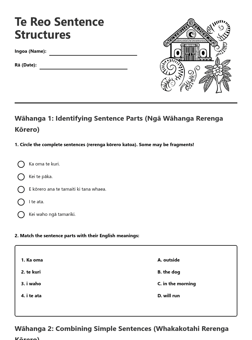 Te Reo Sentence Structures worksheet preview