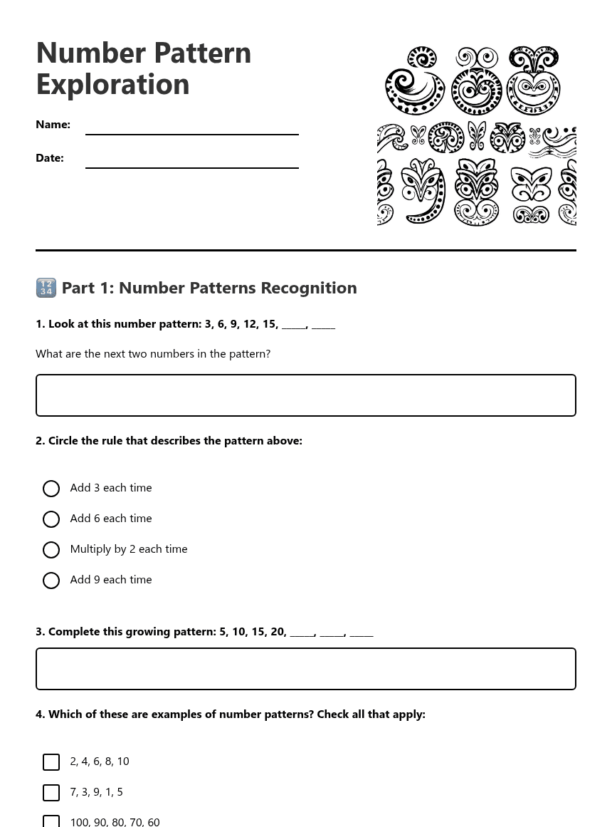 Number Pattern Exploration worksheet preview