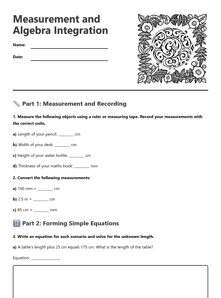 Measurement and Algebra Integration worksheet preview