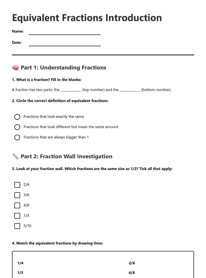 Equivalent Fractions Introduction worksheet preview
