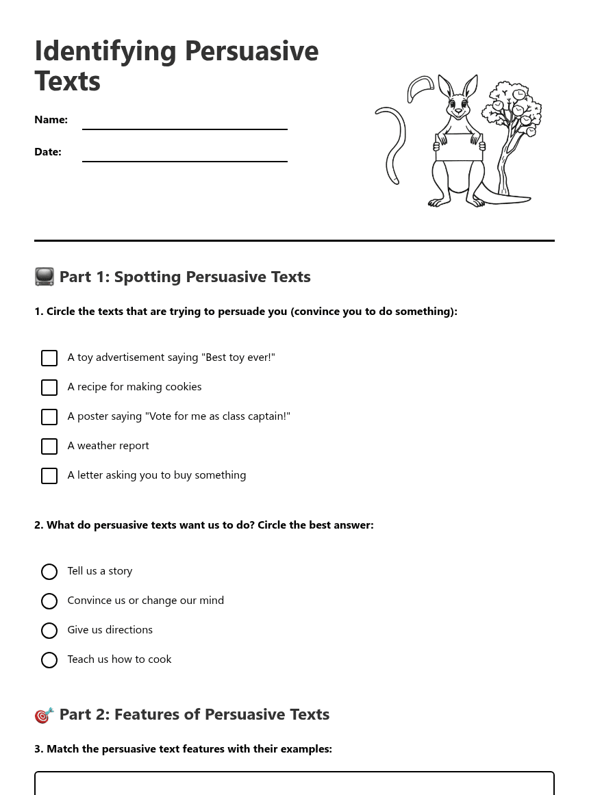 Identifying Persuasive Texts worksheet preview
