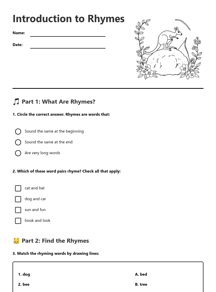Introduction to Rhymes worksheet preview