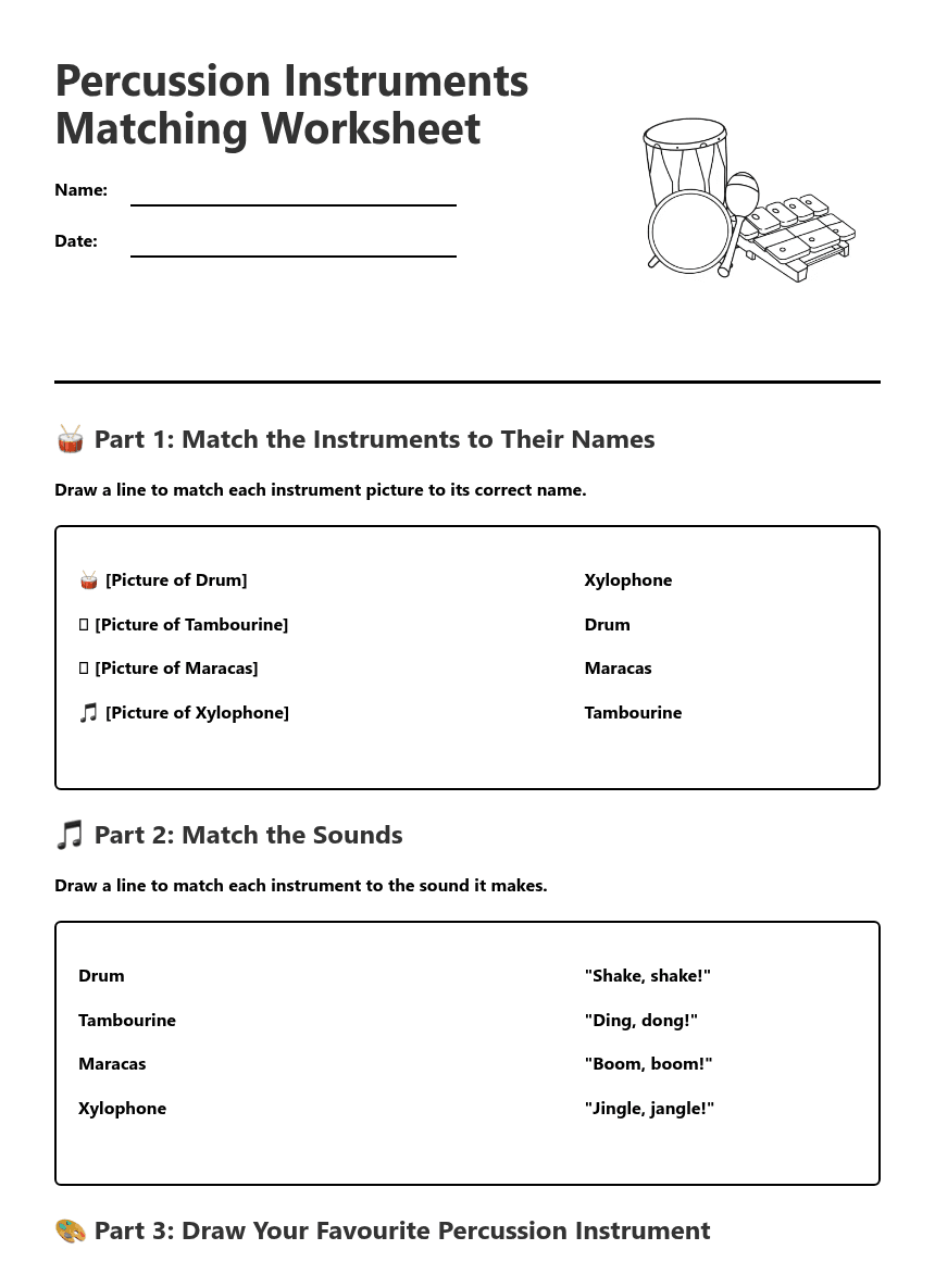 Percussion Instruments Matching Worksheet worksheet preview