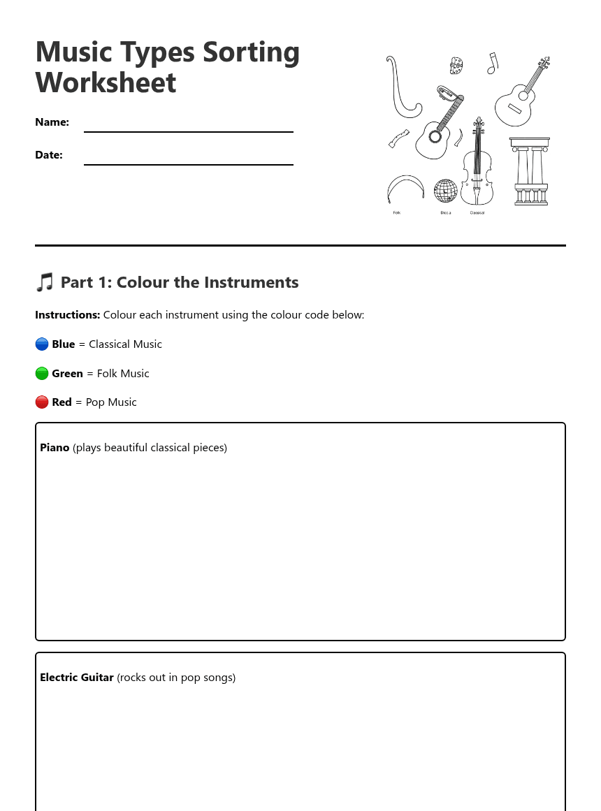 Music Types Sorting Worksheet worksheet preview