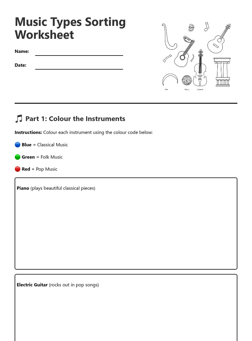 Music Types Sorting Worksheet