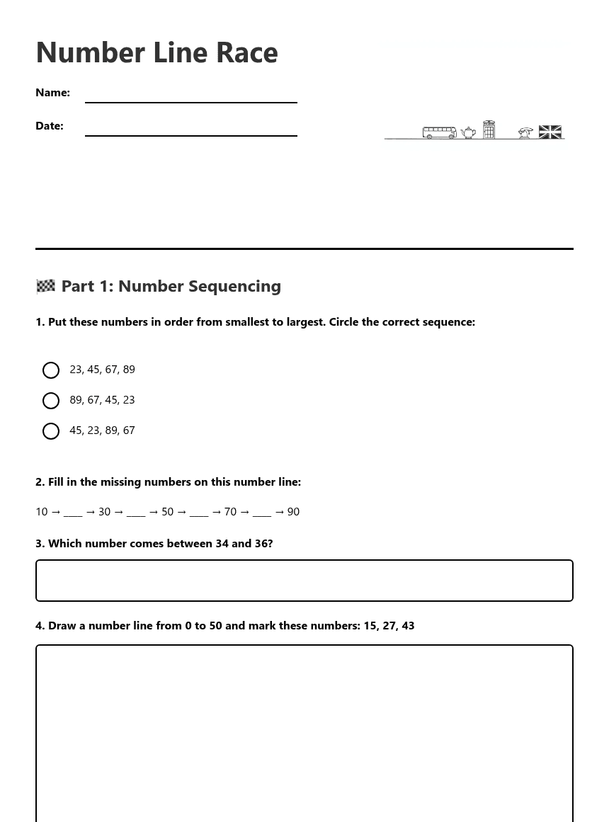 Number Line Race worksheet preview