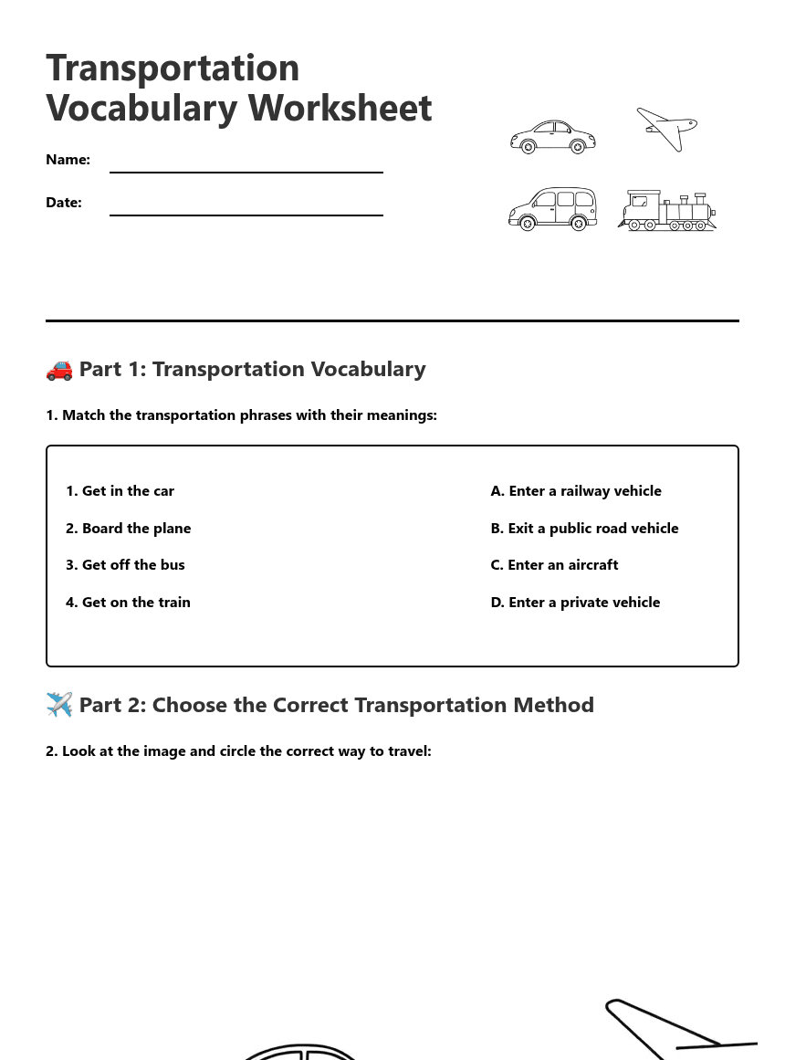 Transportation Vocabulary Worksheet worksheet preview