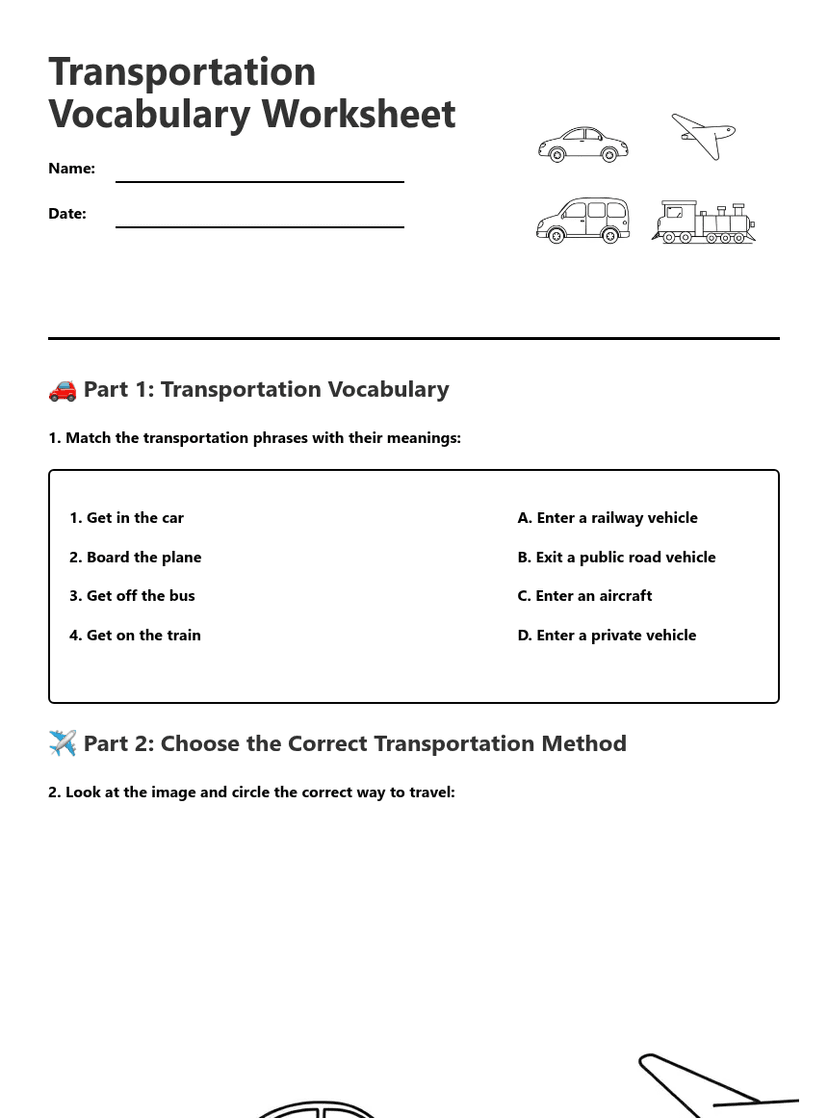 Transportation Vocabulary Worksheet
