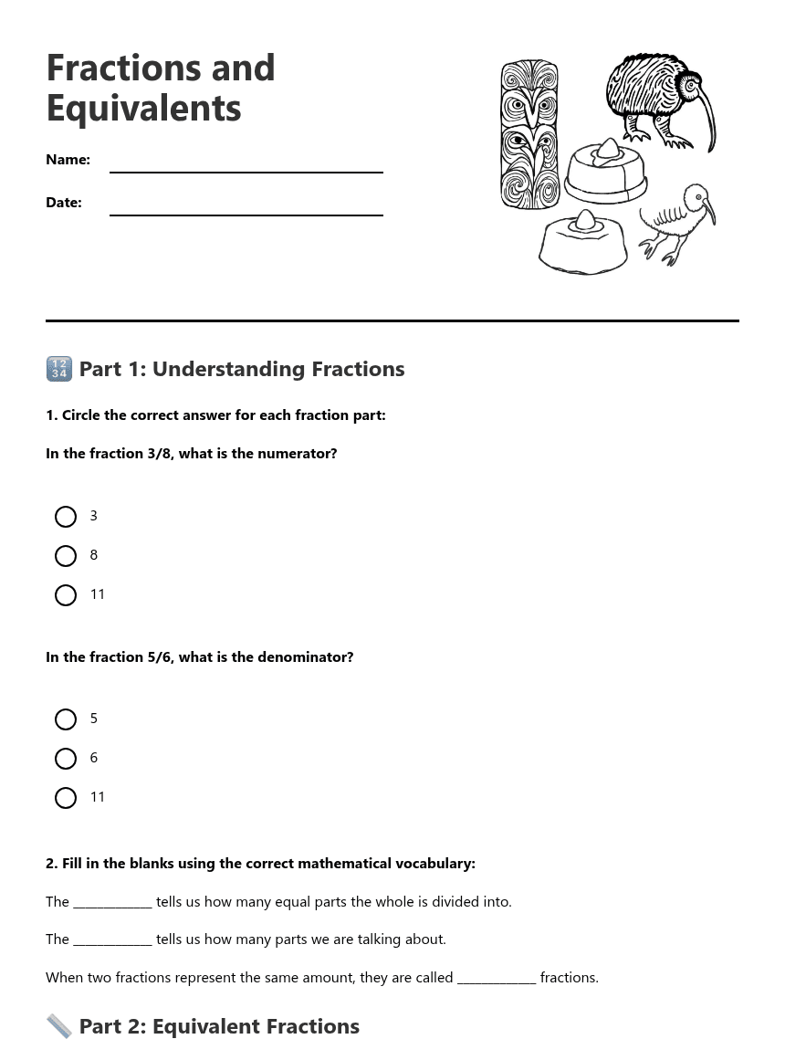 Fractions and Equivalents worksheet preview