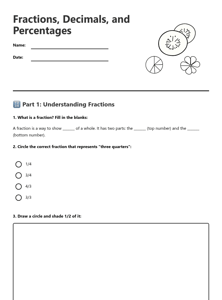 Fractions, Decimals, and Percentages worksheet preview