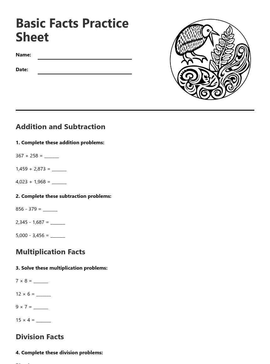 Basic Facts Practice Sheet worksheet preview