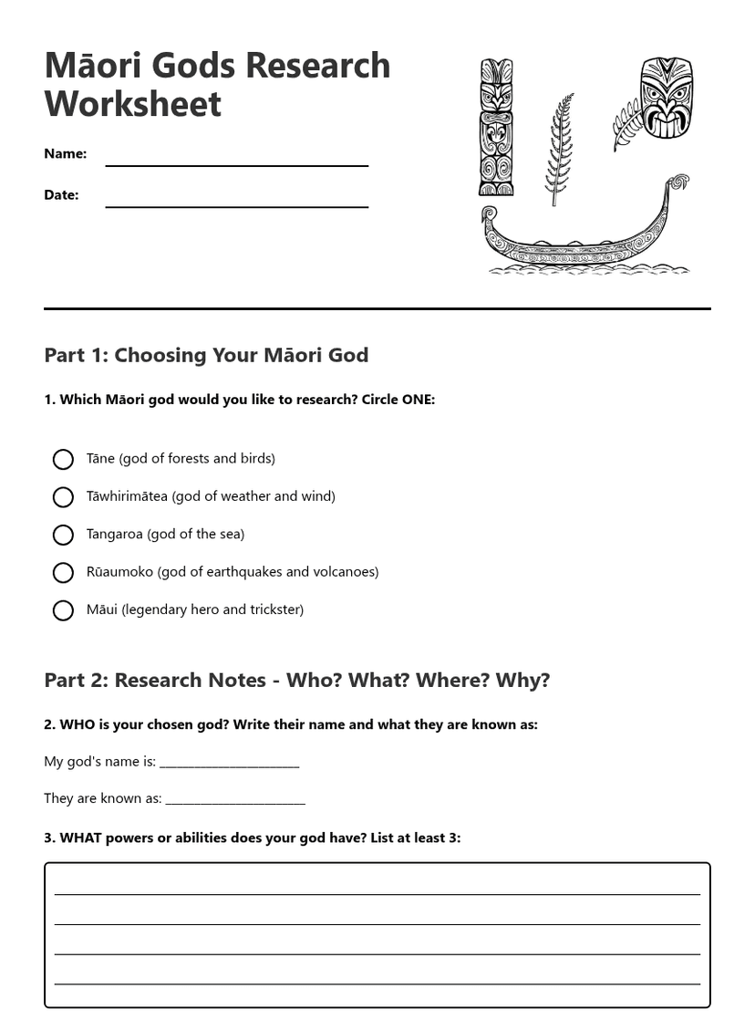 Māori Gods Research Worksheet