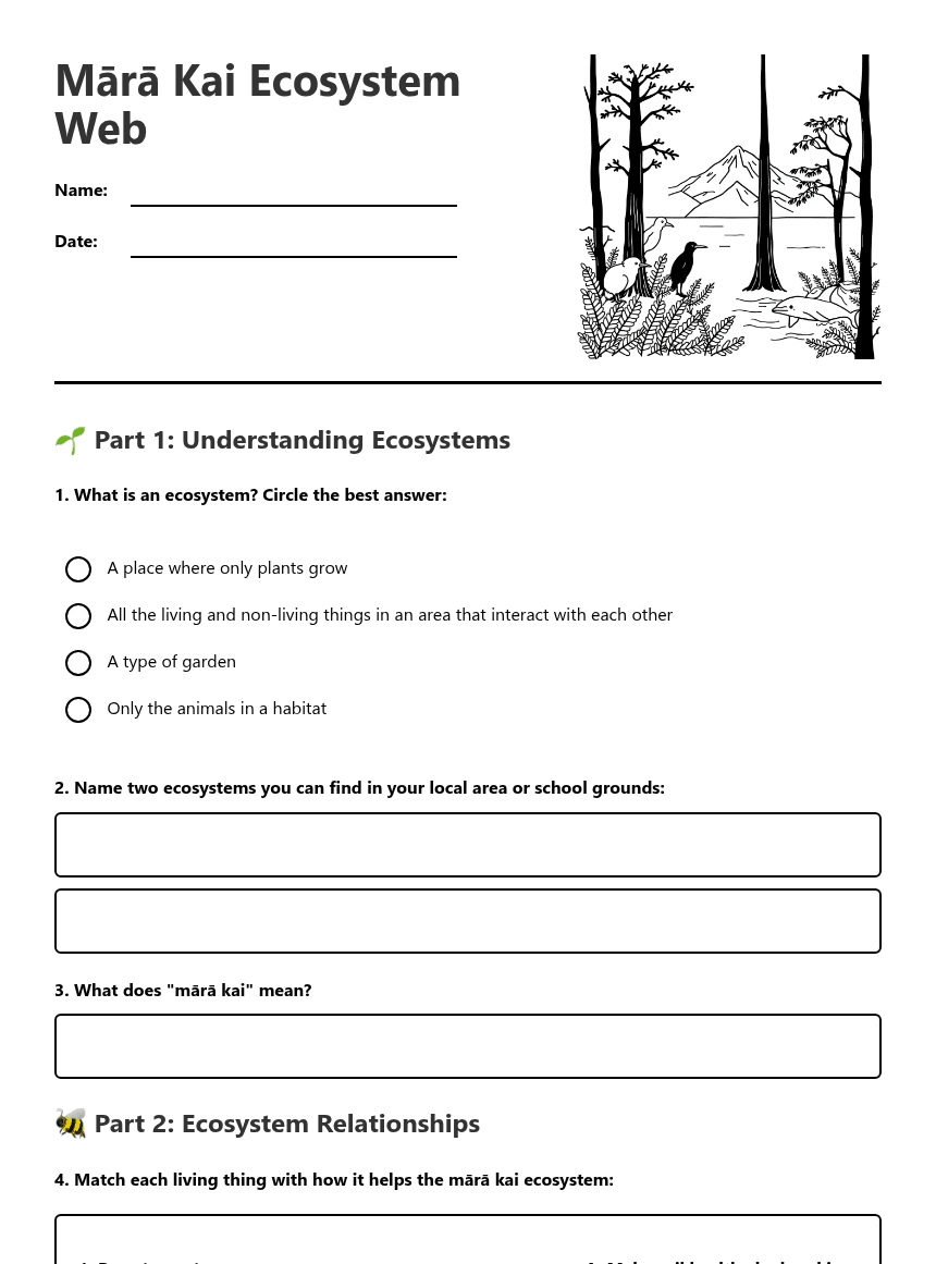 Mārā Kai Ecosystem Web worksheet preview
