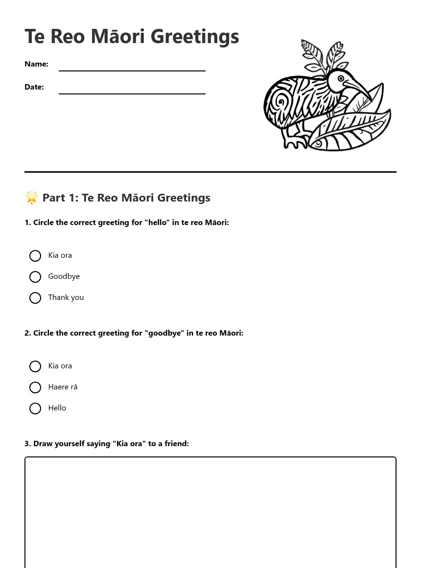 Te Reo Māori Greetings worksheet preview