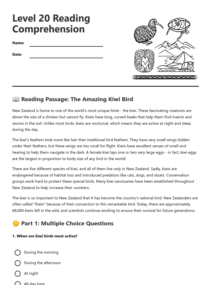 Level 20 Reading Comprehension worksheet preview