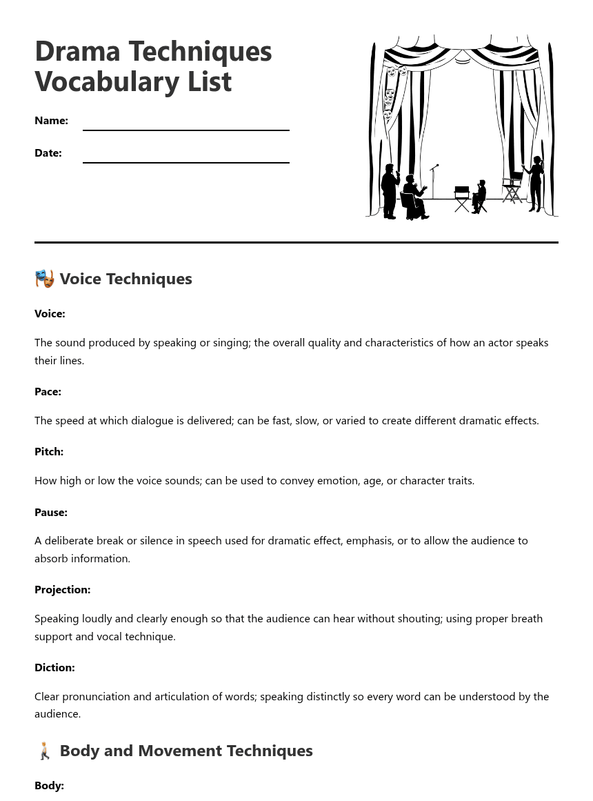 Drama Techniques Vocabulary List worksheet preview