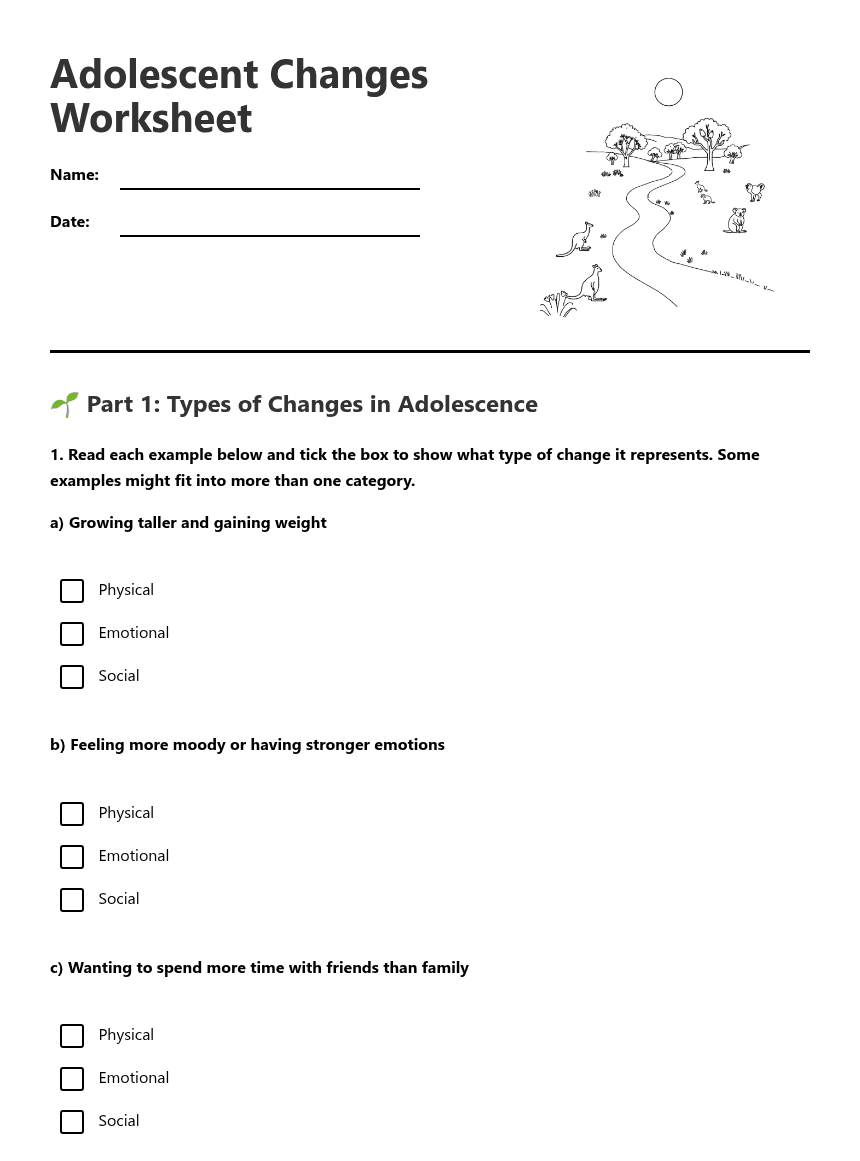 Adolescent Changes Worksheet worksheet preview