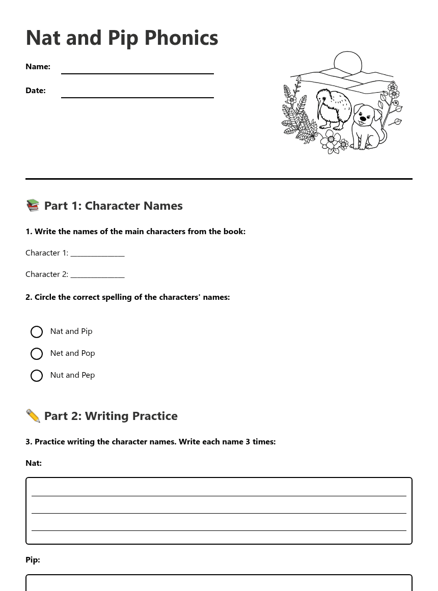 Nat and Pip Phonics worksheet preview