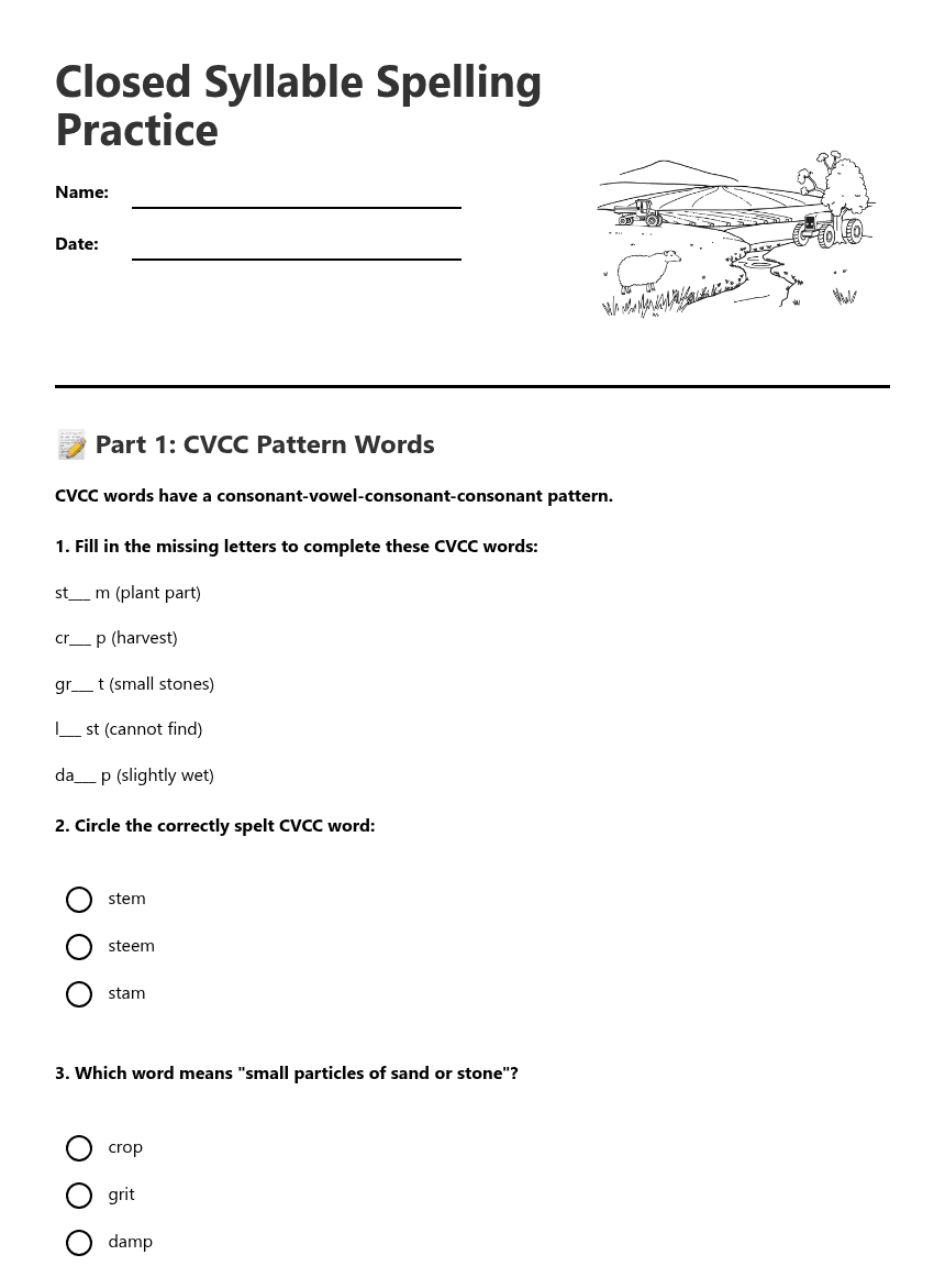 Closed Syllable Spelling Practice worksheet preview