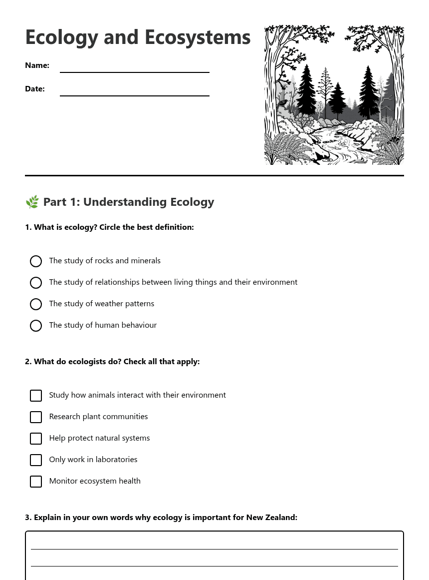 Ecology and Ecosystems worksheet preview