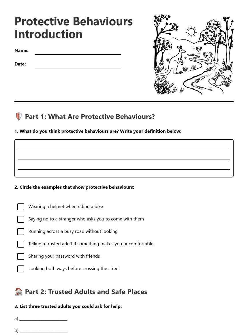 Protective Behaviours Introduction worksheet preview